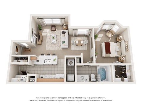 Floor plan for 1 bed, 1 bath, 719 sqft